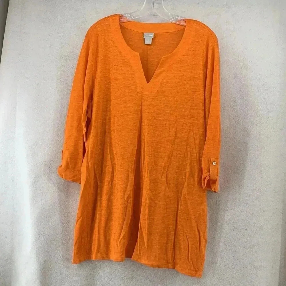 Chico’s Women’s 2 Orange Sabrina V Neck 100 Linen 3/4‎ Sleeve Classic Tunic